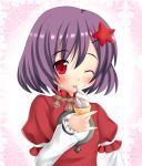  bad_id child eating food hair_ornament ice_cream ice_cream_cone kuro_minamo licking purple_hair red_eyes short_hair soft_serve solo star tongue touhou wink yasaka_kanako yogurt young 