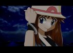  1girl blue_(pokemon) blue_eyes bracelet brown_hair cloud hat jewelry letterboxed long_hair night pokemon pokemon_special porkpie_hat sky smile solo wristband 