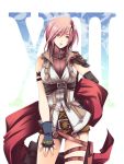  belt breasts ff_gradient final_fantasy final_fantasy_xiii fingerless_gloves gloves large_breasts legs lightning_(ff13) lightning_farron miniskirt pink_eyes pink_hair shima_chiyo shima_tiyo skirt solo thigh_strap thighs zipper 