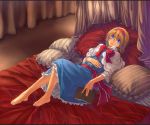  barefoot bed blonde_hair blue_eyes book feet hairband hands holding lips looking_at_viewer lying on_back pillow short_hair solo tarou touhou 