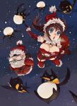  bird blue_eyes breasts brown_hair christmas gag gagged highres large_breasts long_hair night open_mouth original penguin penguin_caee rope santa_claus satire sky snow 
