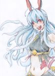  ahoge aliasse bad_id blue_hair brooch crop_top horns jewelry long_hair midriff navel open_mouth rabbit_ears red_eyes senjou_no_valkyria senjou_no_valkyria_2 sobatto solo striped tongue traditional_media turtleneck very_long_hair 