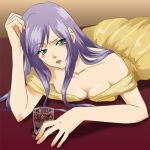  alternate_costume blush breasts cleavage cup dress drunk faris_scherwiz female final_fantasy final_fantasy_v glass green_eyes long_hair lowres lying purple_hair solo 