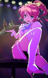  blue_eyes bowtie drink face green_eyes high_heels ice kumatora legs mother_(game) mother_3 nintendo pink_hair ponytail senntakuya shoes smile thighhighs tray violet_(mother3) waitress yoshikoshi zettai_ryouiki 