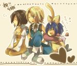   2girls blonde_hair blue_hair brown_hair catsuit choker eiko_carol closed_eyes female final_fantasy final_fantasy_ix garnet_til_alexandros_xvii girl green_eyes hiyokiki horns long_hair male moogle open_mouth ponytail ribbon short_hair sitting yellow_ribbon zidane_tribal  