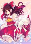  1girl ahoge bare_shoulders bow brown_hair detached_sleeves frills gohei hair_bow hakurei_reimu japanese_clothes long_hair looking_at_viewer red_eyes red_hair shinia smile solo touhou 