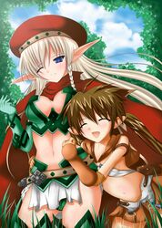  2girls alleyne beret blonde_hair blue_eyes braid breasts brown_hair cape cleavage elf gentoo gloves hat long_hair midriff multiple_girls nowa open_mouth pointy_ears queen&#039;s_blade queen's_blade rushima side_braid smile twintails wink 