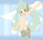  aqua_hair bikini blush hands hatsune_miku headphones headset jumping kandsume long_hair solo swimsuit thigh-highs thighhighs twintails very_long_hair vocaloid 