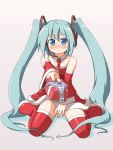  aqua_hair bare_shoulders blue_eyes blush detached_sleeves gift hatsune_miku holding holding_gift incoming_gift naitou_kouse necktie no_nose no_panties panties santa_costume simple_background sitting solo striped striped_panties thigh-highs thighhighs twintails underwear vocaloid zettai_ryouiki 