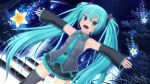  armpits bad_id detached_sleeves dutch_angle green_eyes green_hair hatsune_miku headphones headset long_hair microphone musical_note necktie outstretched_arms spread_arms stairs star twintails vocaloid 