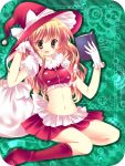  banned_artist blonde_hair book boots brown_eyes christmas crop_top gloves hat kirisame_marisa long_hair midriff santa_hat skirt strawberry_blonde_hair tepengu touhou 