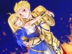  armor bad_end bare_shoulders blonde_hair blood blood_on_face blood_stain breasts bruise cleavage clenched_teeth dutch_angle fate/stay_night fate_(series) gilgamesh gold_armor green_eyes injury long_hair motsu_(artist) red_eyes saber smile torn_clothes wince wrist_grab 