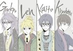  ahoge bad_id bespectacled black_hair blonde_hair blue_hair casual column_lineup flat_color glasses hiyama_kiyoteru jacket jewelry kagamine_len kaito kamui_gakupo multiple_boys muted_color necklace necktie ponytail purple_hair scarf simple_background smile vocaloid zumi 