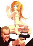  ass barefoot bikini blonde_hair blue_eyes breasts butt_crack feet gun hair_ornament hairclip hands highres jack_bauer kiefer_sutherland kurohachi large_breasts long_hair looking_back ponytail side-tie_bikini soles striped striped_bikini striped_swimsuit swimsuit toes weapon 