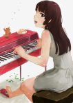  blush brown_eyes brown_hair cake food hands highres instrument long_hair looking_back musical_note nimirom original pastry pedal_(instrument) piano piano_bench smile solo 