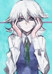  blue_eyes bust hands hands_on_own_face izayoi_sakuya neck_ribbon ribbon sad short_hair silver_hair solo tima touhou white_hair 