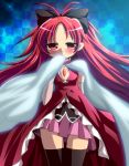  asymmetrical_clothes asymmetrical_clothing black_legwear blush cape checkered checkered_background geogeo long_hair magical_girl mahou_shoujo_madoka_magica ponytail red_eyes red_hair redhead sakura_kyouko solo thigh-highs thighhighs zettai_ryouiki 