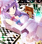  breasts card chess chessboard choker elbow_gloves garters gloves hat long_hair lying lying_card patchouli_knowledge playing_card purple_eyes purple_hair smile solo teramoto_kaoru thigh-highs thighhighs thighs touhou violet_eyes 