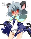  angry blush dowsing_rod dowsing_rods dress dress_lift fang grey_hair jewelry mikan_(ama_no_hakoniwa) mouse_tail nazrin open_mouth pendant red_eyes skirt skirt_lift skirt_tug solo tail touhou 