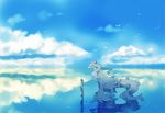  1boy clouds green_hair long_hair n_(pokemon) pokemon pokemon_(creature) pokemon_(game) pokemon_black_and_white pokemon_bw reflection reshiram shuri_(84k) sky water 