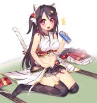  1girl animal_ears argyle argyle_legwear bare_shoulders bell black_hair breasts can cat_ears cat_tail garter_straps hair_ornament holding kashiwamochi_yomogi long_hair looking_at_viewer navel red_eyes sengoku_collection sitting skirt solo tail tail_bell takatora_todo_(sengoku_collection) thigh-highs thighhighs thighhighs_pull 
