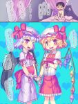  1boy blonde_hair flandre_scarlet hand_holding holding_hands kawamura_tenmei multiple_girls pregnant purple_hair remilia_scarlet text touhou translation_request wings 