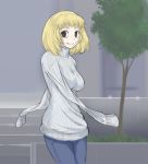  1girl 3-angled-blue :d amputee blonde_hair breasts jeans looking_at_viewer open_mouth original ribbed_sweater short_hair smile solo sweater tree turtleneck turtleneck_sweater 