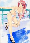  1girl bikini copyright_request half_updo high_heels highres long_hair mizugi pink_hair polorinken red_eyes sawatari_honoka sentimental_graffiti shoes side-tie_bikini solo swimsuit 