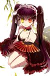  black_hair breasts choker collarbone detached_collar dress fan frilled_dress frills gs_5th_star heterochromia holding long_hair maid_headdress multicolored_eyes pin1004 red_eyes seiza sitting smile sword_girls twintails very_long_hair yellow_eyes 