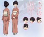  black_eyes black_hair character_sheet concept_art dress expressions girls_und_panzer isuzu_yuri japanese_clothes kimono official_art pink_dress sandals short_hair smile solo standing tabi translated turnaround white_legwear 