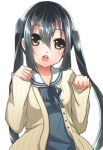 black_hair brown_eyes cardigan colored emappo k-on! k-on!_movie long_hair nakano_azusa open_cardigan paw_pose rin_amiko sailor_collar twintails 