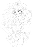  absurdres hand_on_hip highres izumi_makoto lineart long_hair looking_at_viewer monochrome open_mouth original skirt smile solo wink 