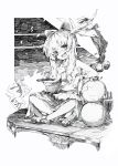  1girl absurdres artist_request bell bottle bow crossed_legs fangs frills gourd hair_bow highres horns ibuki_suika indian_style konnanottenaiyo long_hair monochrome open_mouth sakazuki sitting sketch skirt sleeveless smile solo teeth touhou traditional_media translation_request 