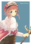  atelier_(series) atelier_rorona bad_id blue_eyes blush capelet hat holding kurobuta_gekkan looking_at_viewer orange_hair rororina_fryxell short_hair solo staff swff title_drop 