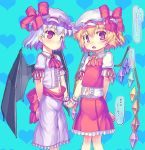  blonde_hair flandre_scarlet frills hand_holding holding_hands kawamura_tenmei multiple_girls navel purple_hair remilia_scarlet touhou wings 