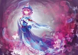  bad_id breasts butterfly cherry_blossoms closed_fan dual_wielding fan folding_fan hat hitodama japanese_clothes long_sleeves open_mouth petals pink_eyes pink_hair qin ribbon saigyouji_yuyuko sash short_hair smile solo touhou triangular_headpiece wide_sleeves 