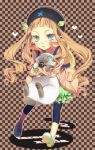  backpack bag beret blue_eyes brown_background brown_hair capri_pants carrying cat checkered checkered_background deformed0829 elle_mel_martha hat jacket long_hair lulu_(tales_of_xillia_2) shoes spandex tales_of_(series) tales_of_xillia tales_of_xillia_2 twintails 