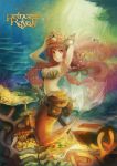  arinko_(ta.n.ra.ra) armpits arms_up bubble coin conch coral crown gem green_eyes grin long_hair looking_at_viewer mermaid monster_girl original pink_hair princess_royale smile solo sword texture the_little_mermaid title_drop treasure_chest underwater weapon 
