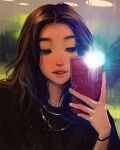  1girl blurry blurry_background brown_eyes brown_hair highres holding holding_phone jewelry lips long_hair looking_at_phone necklace parted_lips phone sam_yang solo teeth 