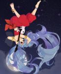  alternate_costume anklet armlet barefoot blue_eyes blue_hair bracelet capri_pants circlet cloud clouds cuffs feet guitar hair_ornament harem_outfit harem_pants hatsune_miku instrument jewelry long_hair midriff moon necklace spread_toes star tubetop upside-down very_long_hair vocaloid 