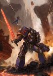  armor bolter chain chaos_space_marine epic explosion highres molten_rock okita realistic science_fiction skull solo space_marine sword warhammer warhammer_40k weapon 