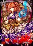  akasia cleavage dress flower hair_bobbles hair_ornament large_breasts onozuka_komachi red_eyes red_hair redhead scythe short_hair skull smile solo touhou twintails weapon 