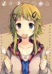  ahoge black_eyes blush collarbone cookie food green_hair gumi hair_ornament hairclip holding_fork holding_spoon long_hair mouth_hold ousaka_nozomi solo vocaloid 