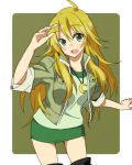  ahoge blonde_hair blush exion_(neon) green_eyes hoshii_miki idolmaster jacket long_hair miniskirt open_mouth skirt sleeves_rolled_up solo t-shirt thighhighs 