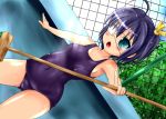  1girl black_hair blue_eyes broom chuunibyou_demo_koi_ga_shitai! dutch_angle eyepatch gassho school_swimsuit short_hair side_ponytail swimsuit takanashi_rikka 