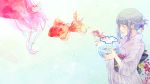  fish goldfish highres japanese_clothes kimono null_(chronix) obi original payot purple_hair solo wallpaper water 