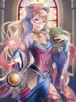  bible blonde_hair blue-framed_glasses book breasts character_request cleavage collarbone cross esukee flower glasses globe hair_flower hair_ornament holding holding_book light_particles lips long_hair looking_at_viewer pink_eyes ponytail purple_legwear semi-rimless_glasses sengoku_saga side_slit smile solo sou_yoshitoshi_(sengoku_saga) stained_glass thighhighs under-rim_glasses 
