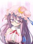  bespectacled blush book breasts bust crescent double_bun glasses hair_ribbon hat hat_ribbon large_breasts long_hair numako patchouli_knowledge purple_eyes purple_hair ribbon solo touhou translation_request vertical_stripes violet_eyes 