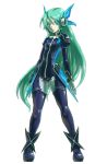  aqua_eyes aqua_hair bodysuit hair_ornament hatsune_miku headset highres looking_at_viewer plugin_(vocaloid) project_diva ryon simple_background smile solo twintails vocaloid 