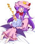  2girls barefoot bat_wings blue_hair blush capelet coat commentary_request crescent dress eichi_yuu hair_ribbon hat highres lap_pillow long_hair long_sleeves lying mob_cap multiple_girls on_stomach open_clothes open_coat open_mouth patchouli_knowledge pink_dress purple_dress purple_hair remilia_scarlet ribbon sitting sleeping striped striped_dress touhou tress_ribbon very_long_hair violet_eyes wariza wavy_mouth wide_sleeves wings zzz 